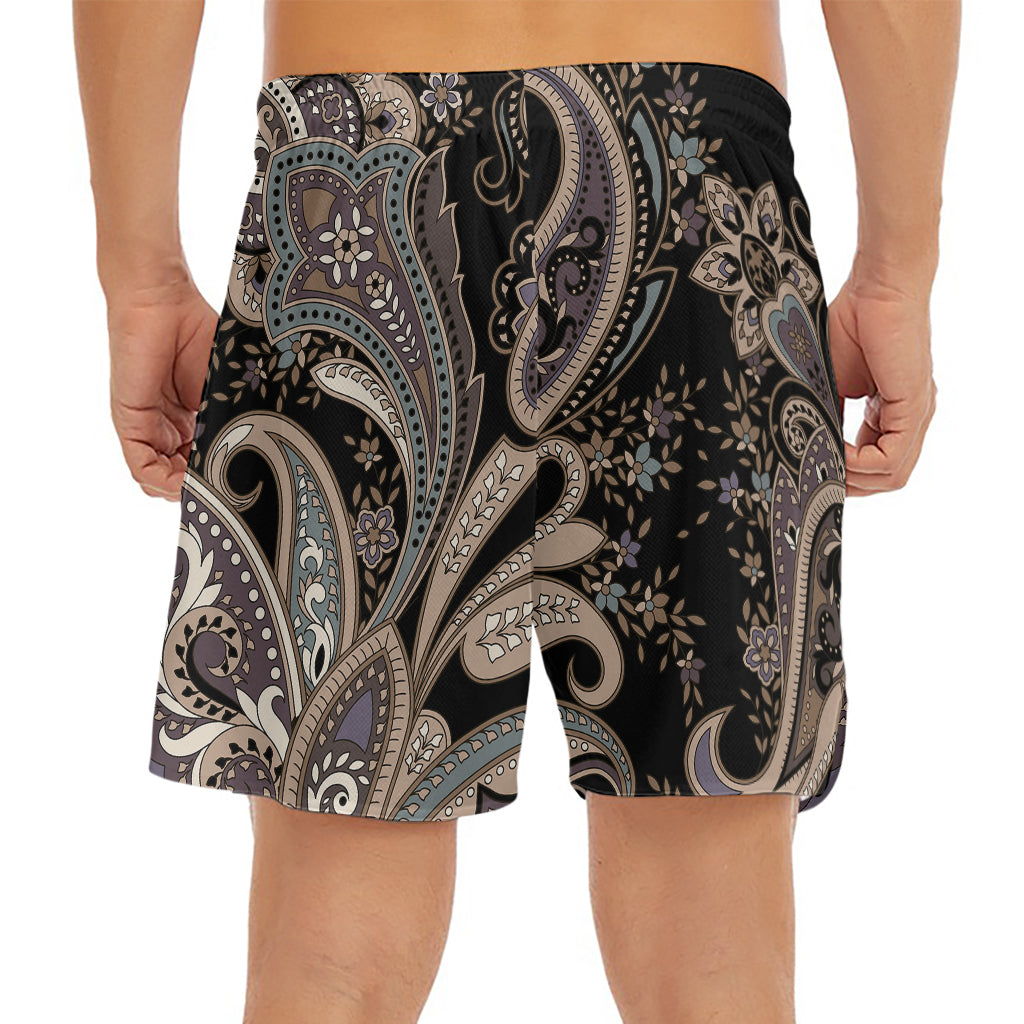 Dark Brown Paisley Pattern Print Men's Split Running Shorts