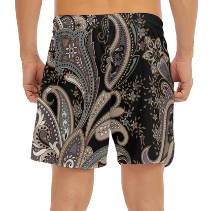 Dark Brown Paisley Pattern Print Men's Split Running Shorts