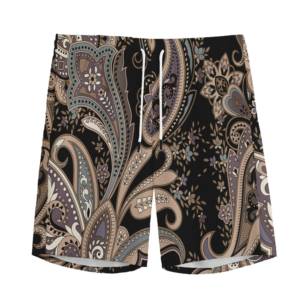 Dark Brown Paisley Pattern Print Men's Sports Shorts