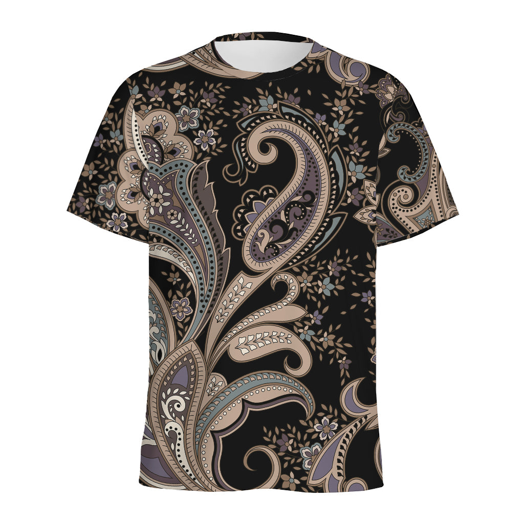 Dark Brown Paisley Pattern Print Men's Sports T-Shirt