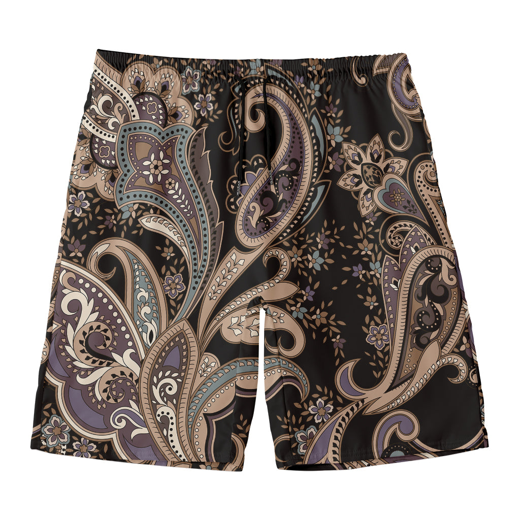 Dark Brown Paisley Pattern Print Men's Swim Trunks