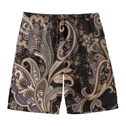 Dark Brown Paisley Pattern Print Men's Swim Trunks