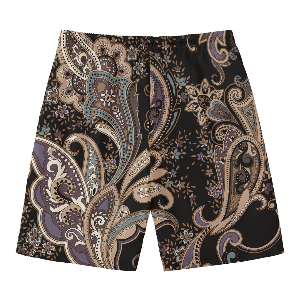 Dark Brown Paisley Pattern Print Men's Swim Trunks