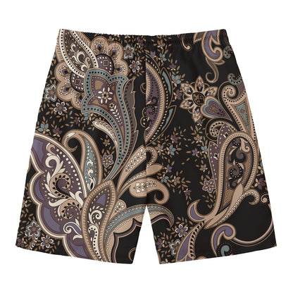 Dark Brown Paisley Pattern Print Men's Swim Trunks