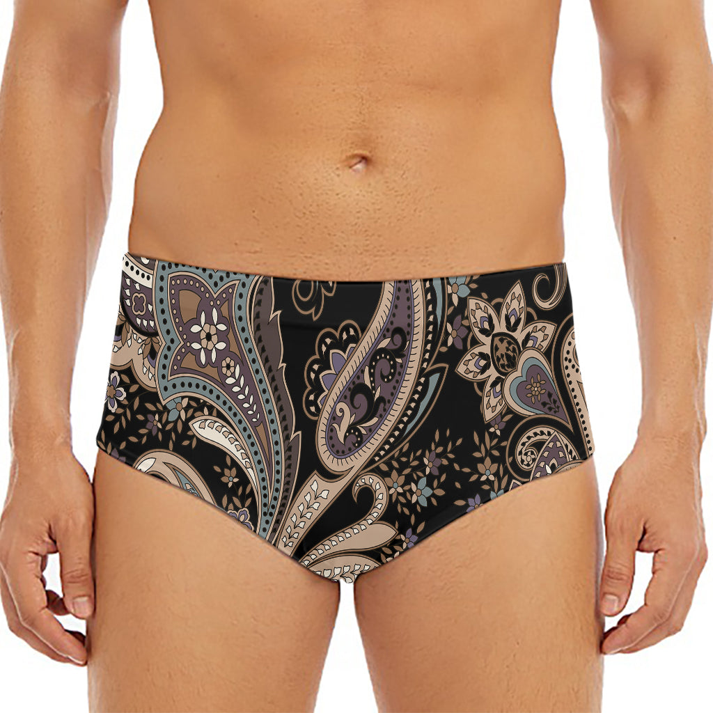 Dark Brown Paisley Pattern Print Men's Triangle Swim Briefs
