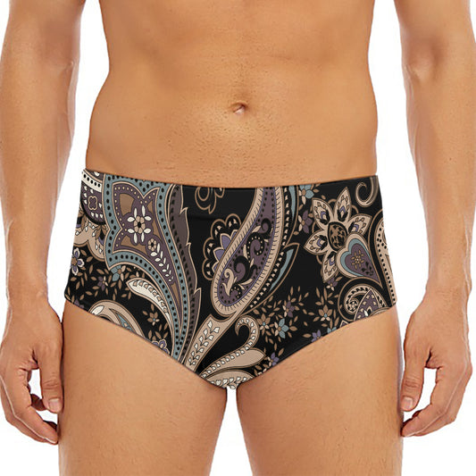 Dark Brown Paisley Pattern Print Men's Triangle Swim Briefs