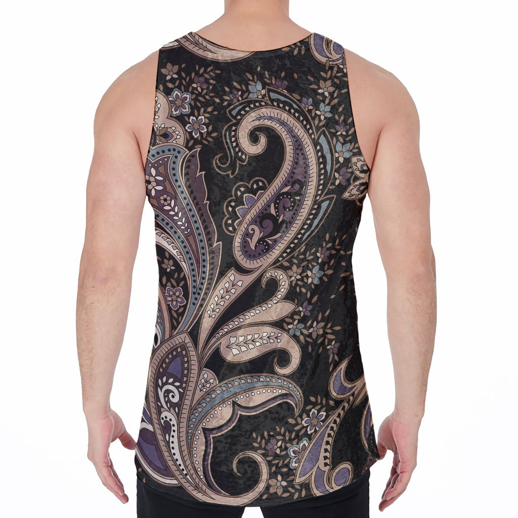 Dark Brown Paisley Pattern Print Men's Velvet Tank Top