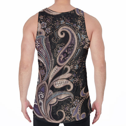 Dark Brown Paisley Pattern Print Men's Velvet Tank Top