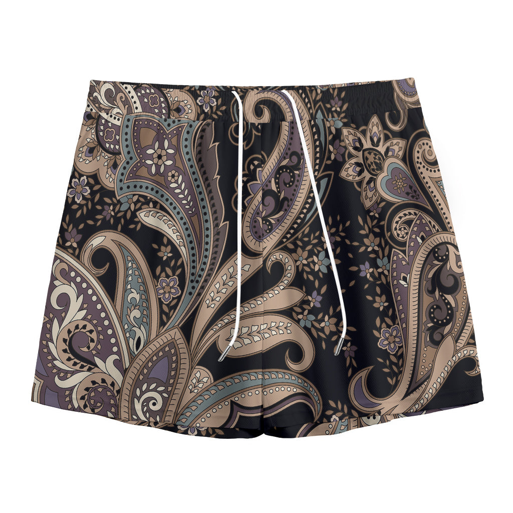Dark Brown Paisley Pattern Print Mesh Shorts