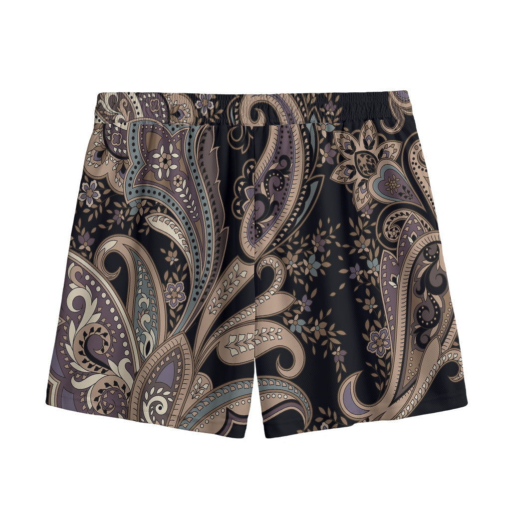 Dark Brown Paisley Pattern Print Mesh Shorts