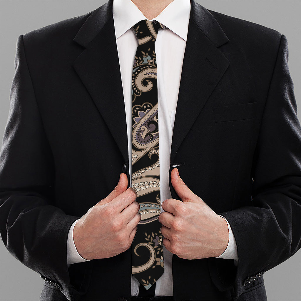 Dark Brown Paisley Pattern Print Necktie