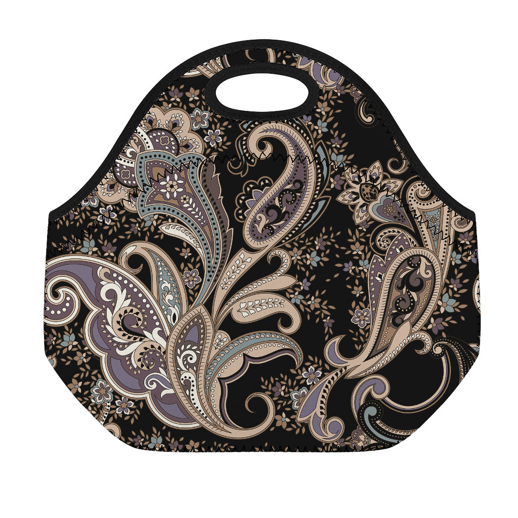 Dark Brown Paisley Pattern Print Neoprene Lunch Bag
