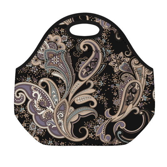 Dark Brown Paisley Pattern Print Neoprene Lunch Bag