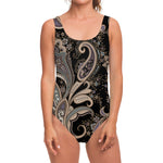 Dark Brown Paisley Pattern Print One Piece Swimsuit