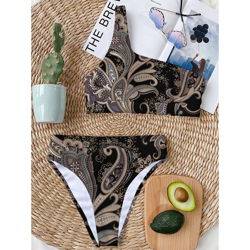Dark Brown Paisley Pattern Print One Shoulder Bikini Top