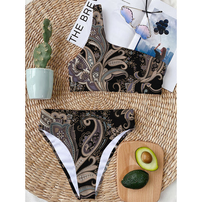 Dark Brown Paisley Pattern Print One Shoulder Bikini Top