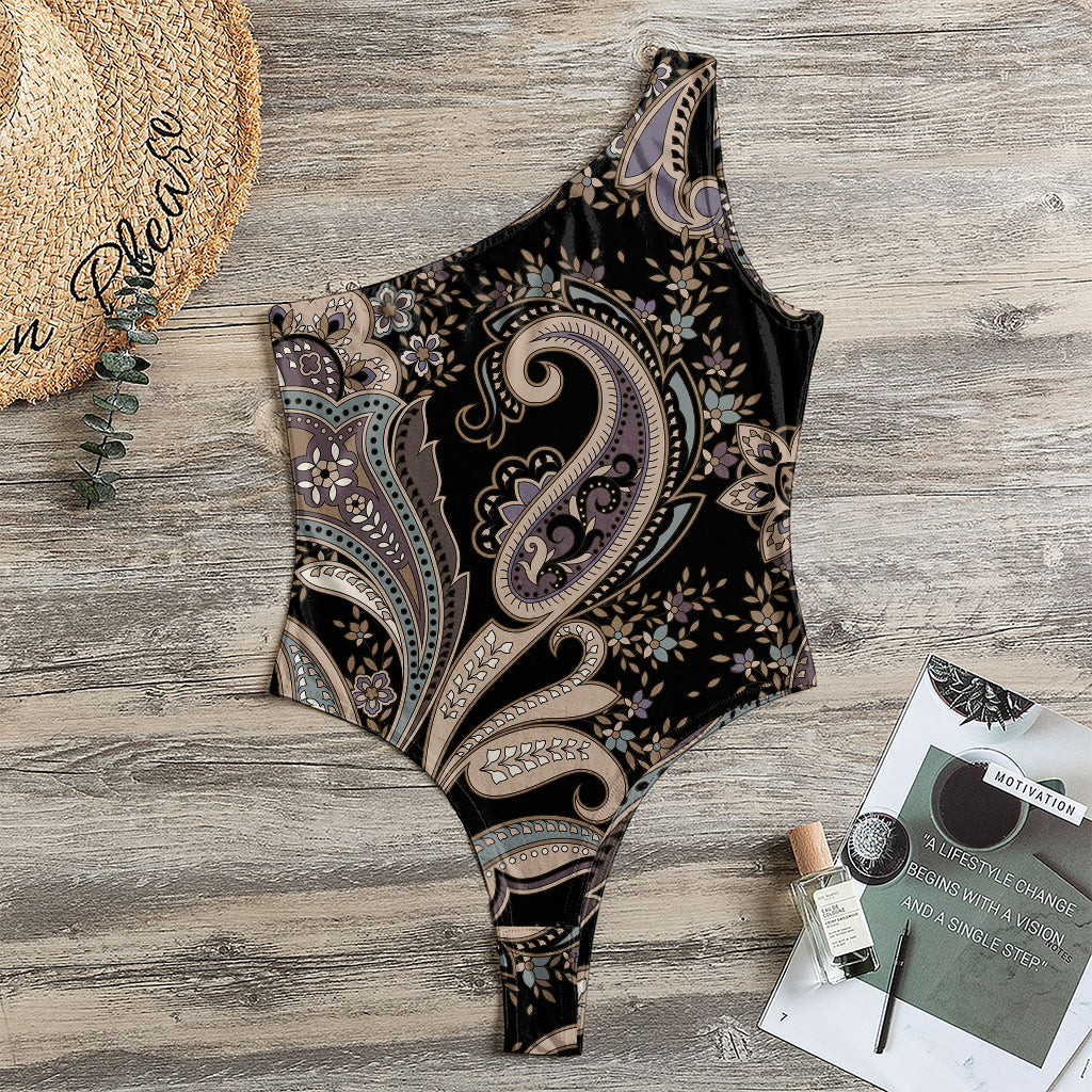 Dark Brown Paisley Pattern Print One Shoulder Bodysuit