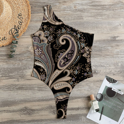 Dark Brown Paisley Pattern Print One Shoulder Bodysuit