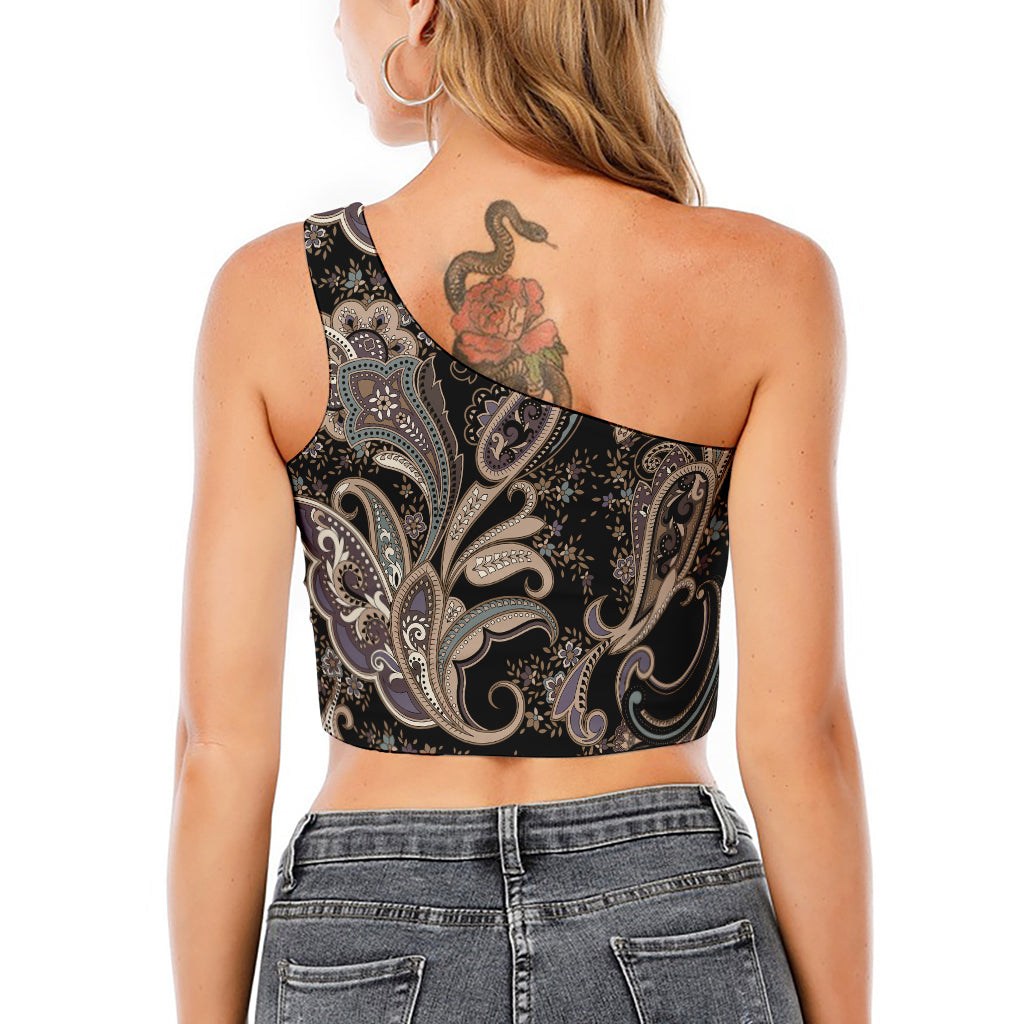 Dark Brown Paisley Pattern Print One Shoulder Crop Top