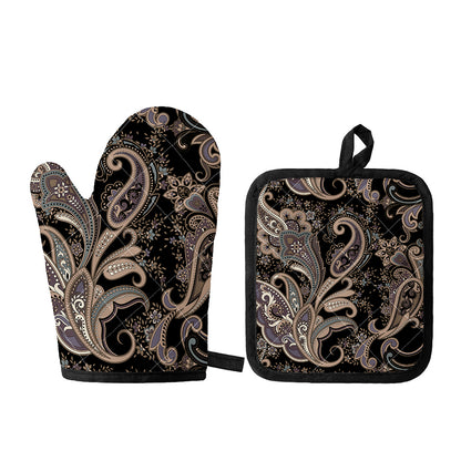 Dark Brown Paisley Pattern Print Oven Mitt And Pot Holder Set