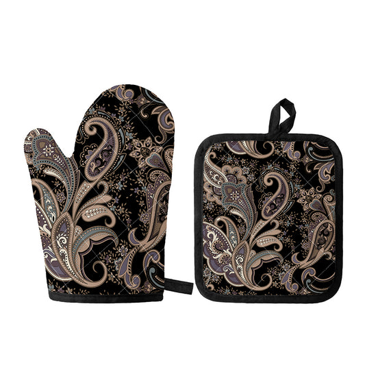 Dark Brown Paisley Pattern Print Oven Mitt And Pot Holder Set