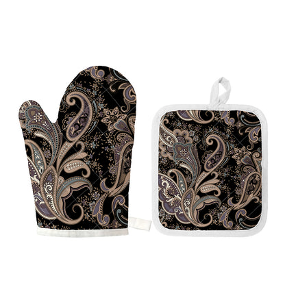 Dark Brown Paisley Pattern Print Oven Mitt And Pot Holder Set