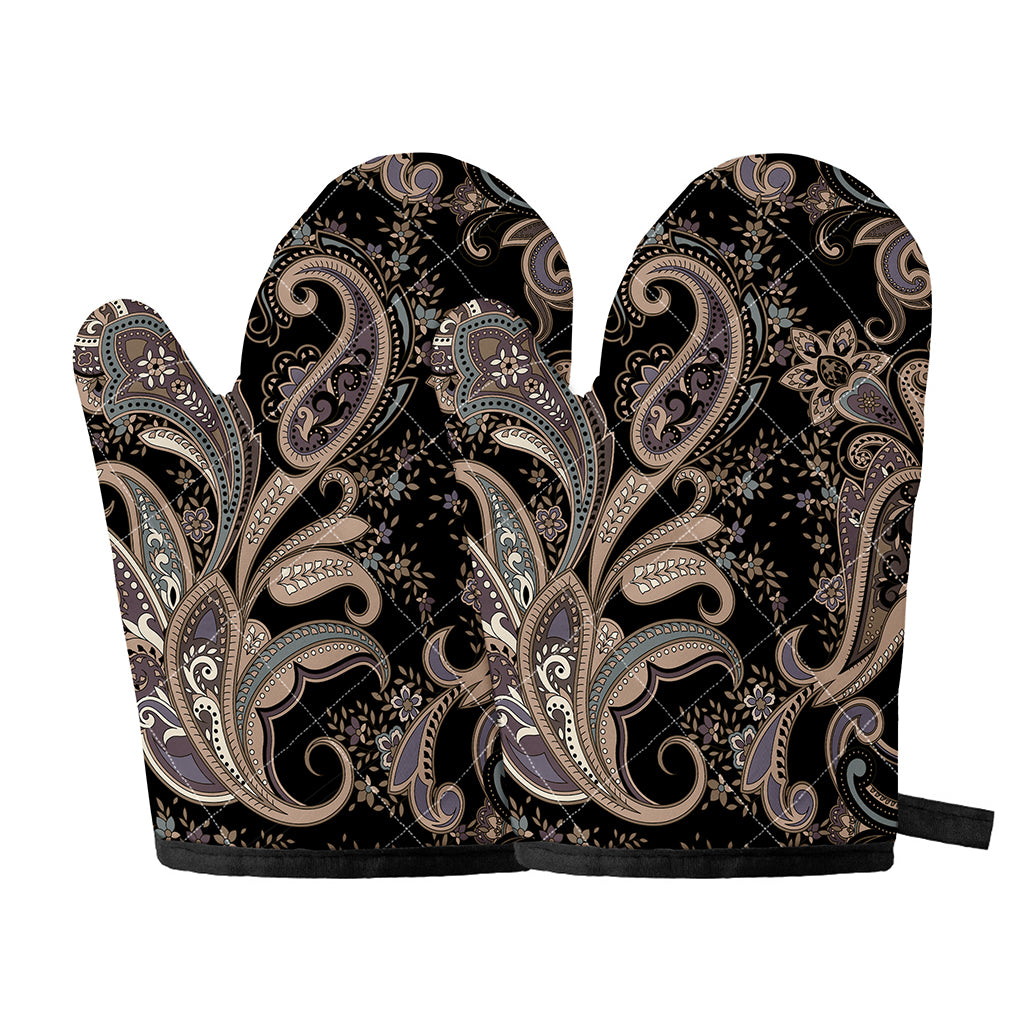 Dark Brown Paisley Pattern Print Oven Mitts