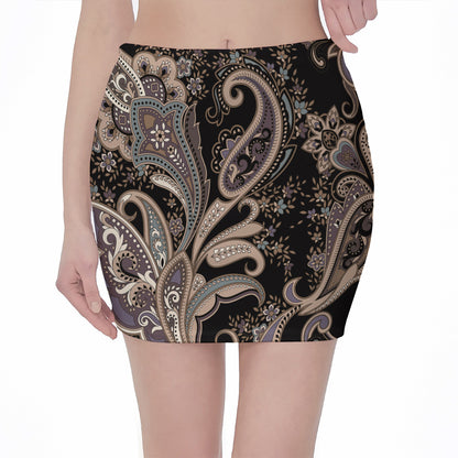 Dark Brown Paisley Pattern Print Pencil Mini Skirt