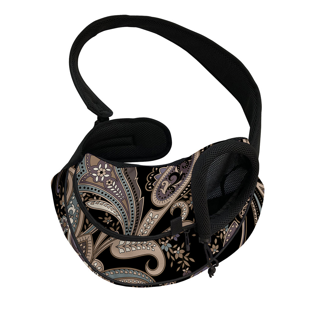 Dark Brown Paisley Pattern Print Pet Sling Carrier