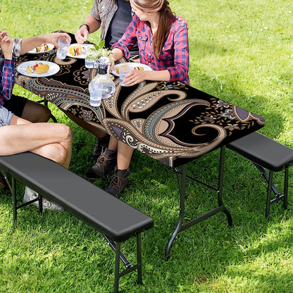 Dark Brown Paisley Pattern Print Picnic Table Cover