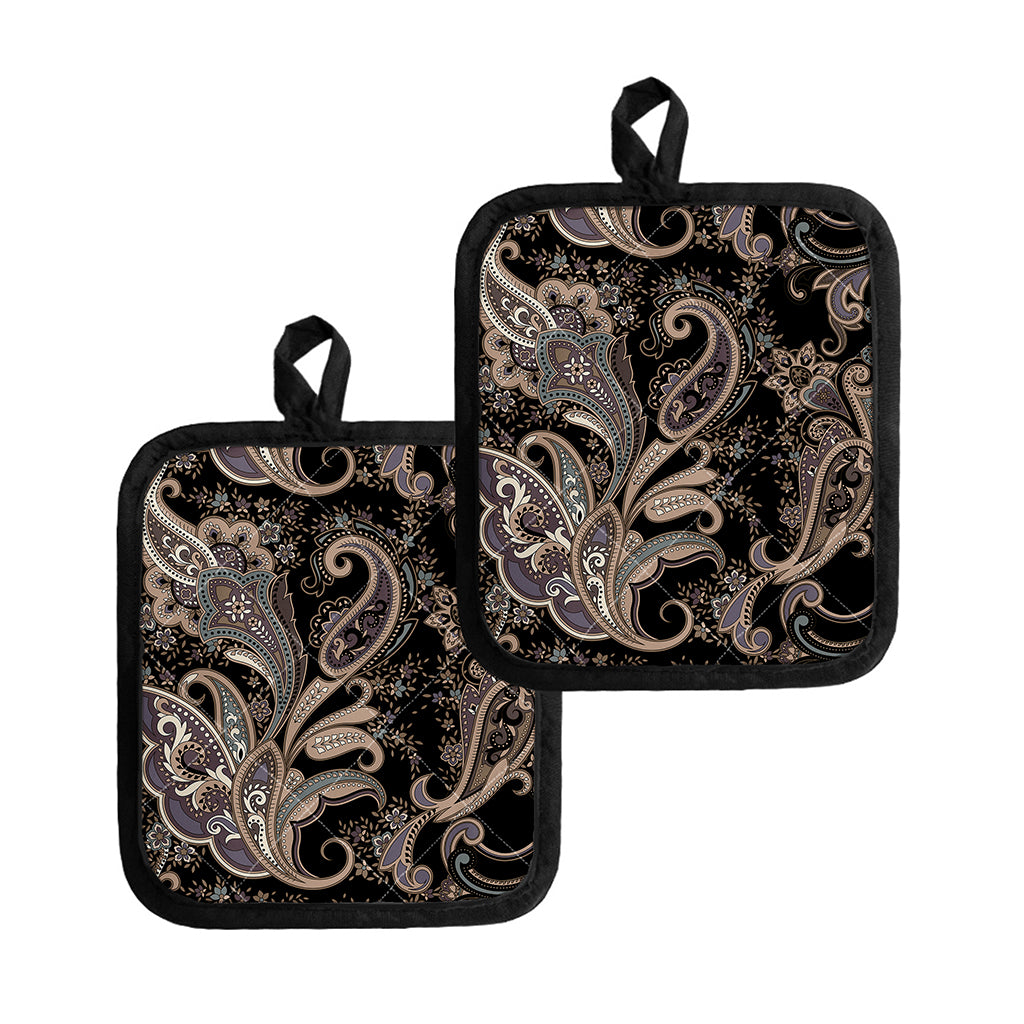 Dark Brown Paisley Pattern Print Pot Holders