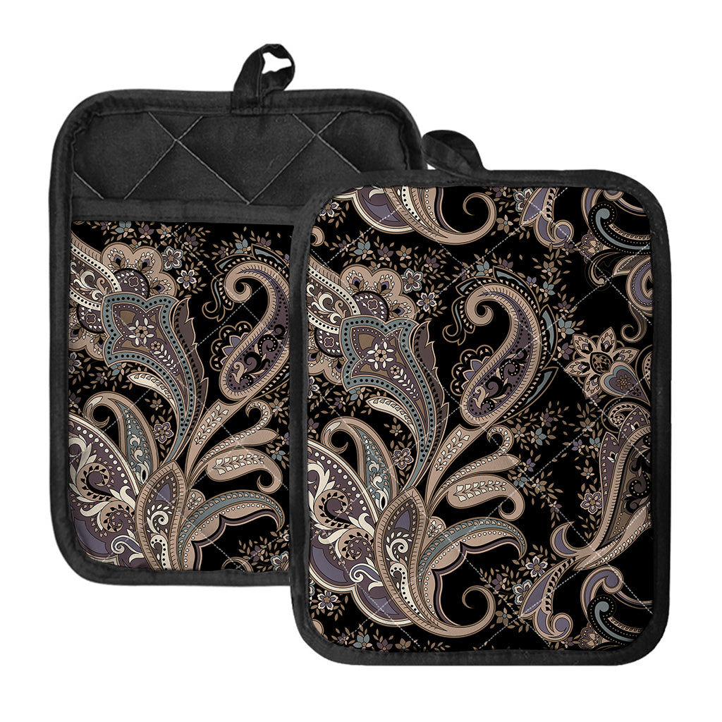 Dark Brown Paisley Pattern Print Pot Holders With Pocket