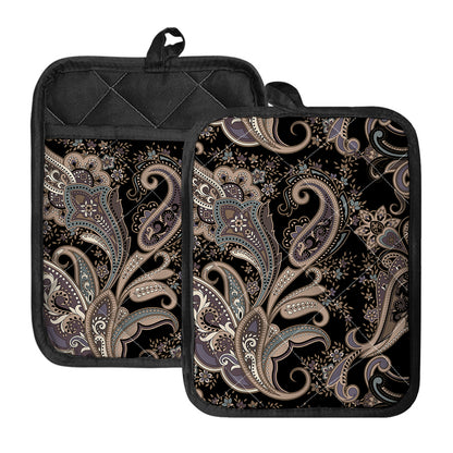 Dark Brown Paisley Pattern Print Pot Holders With Pocket