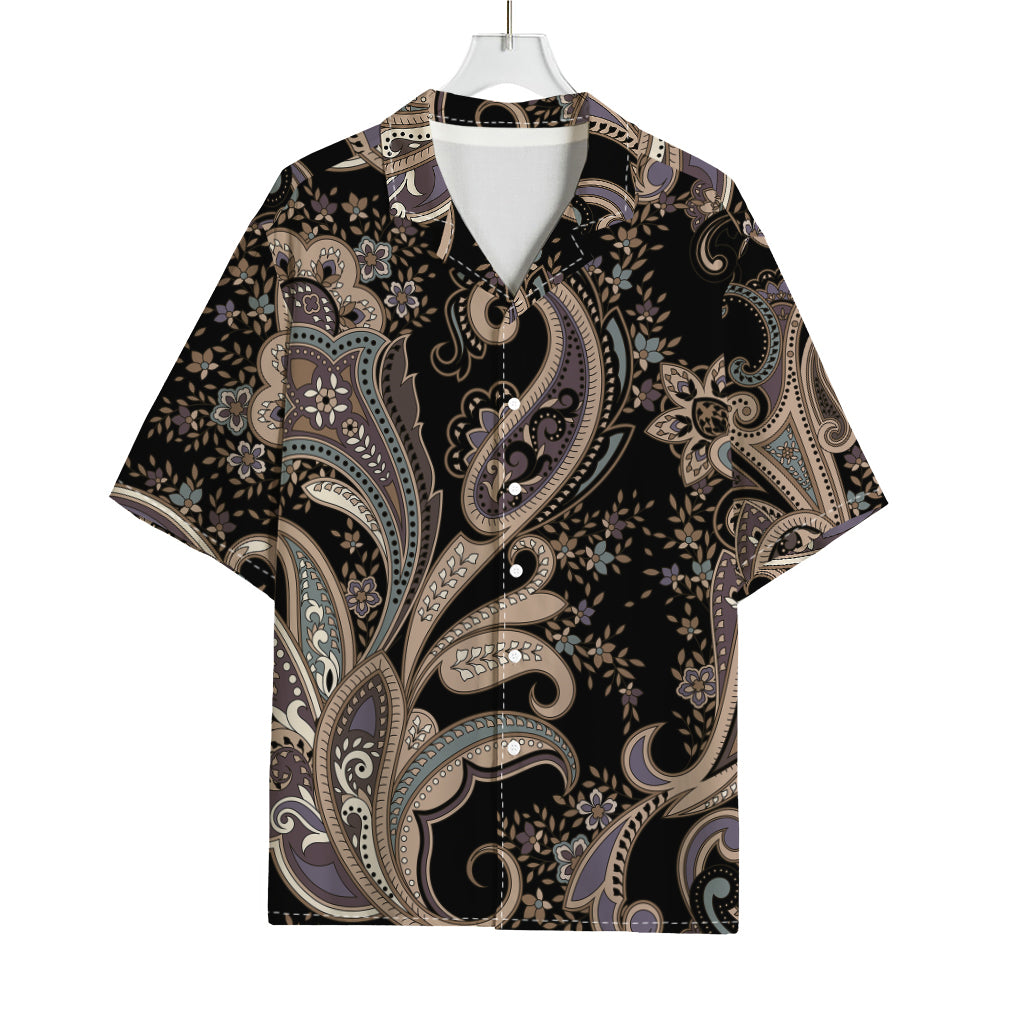 Dark Brown Paisley Pattern Print Rayon Hawaiian Shirt