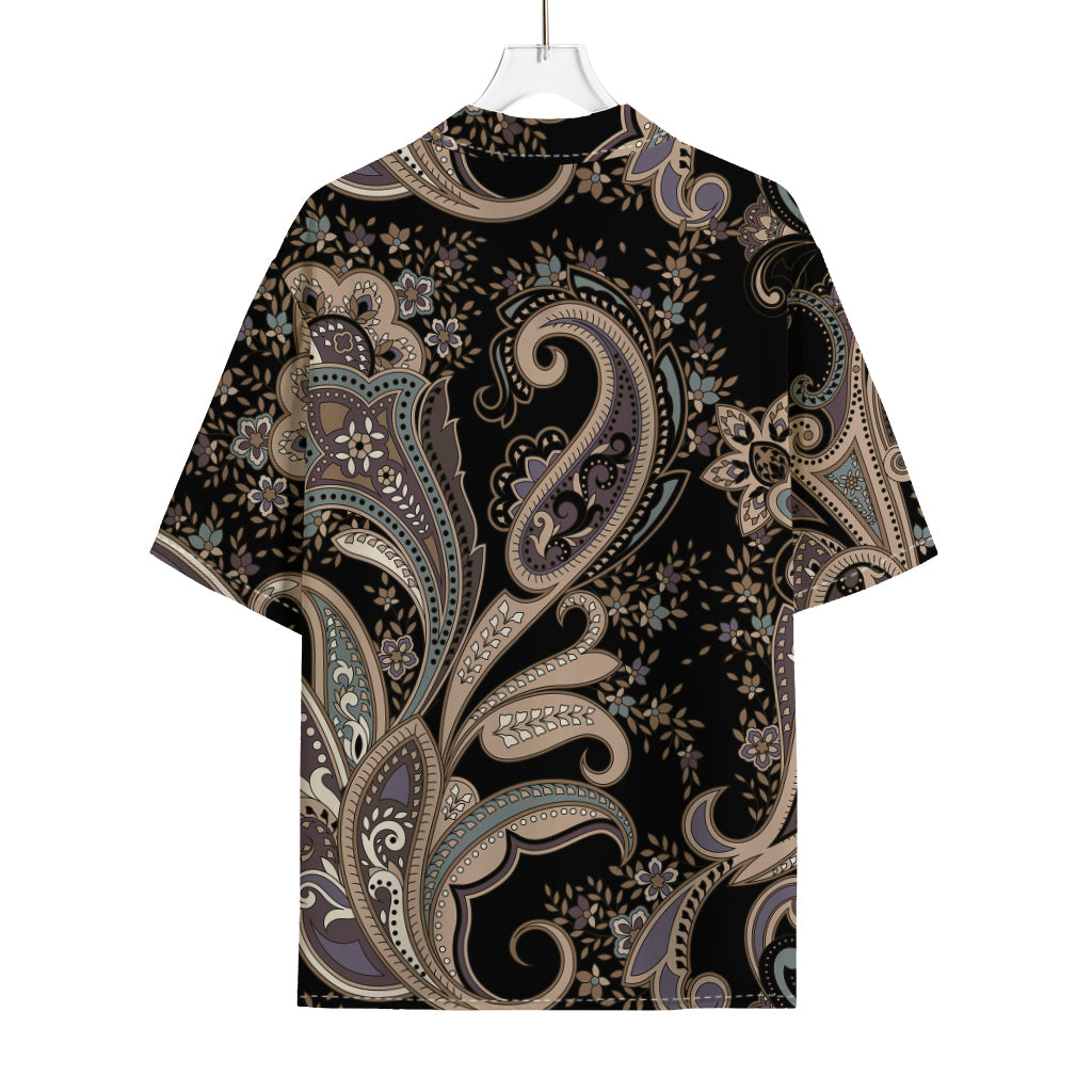 Dark Brown Paisley Pattern Print Rayon Hawaiian Shirt