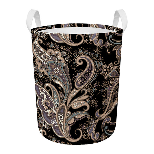 Dark Brown Paisley Pattern Print Round Laundry Basket