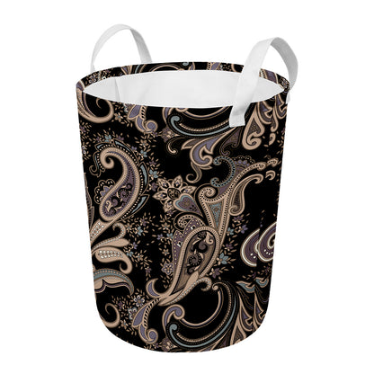 Dark Brown Paisley Pattern Print Round Laundry Basket