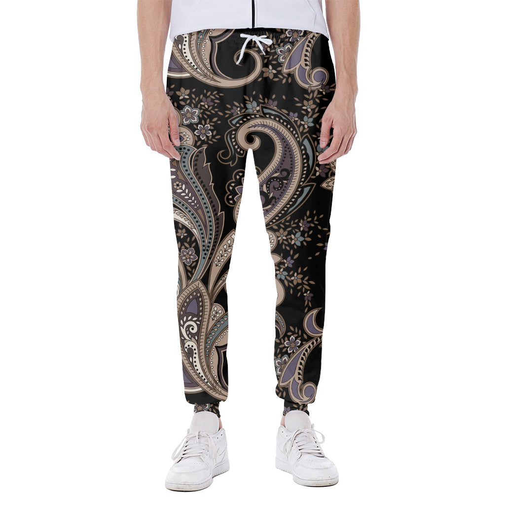 Dark Brown Paisley Pattern Print Scuba Joggers