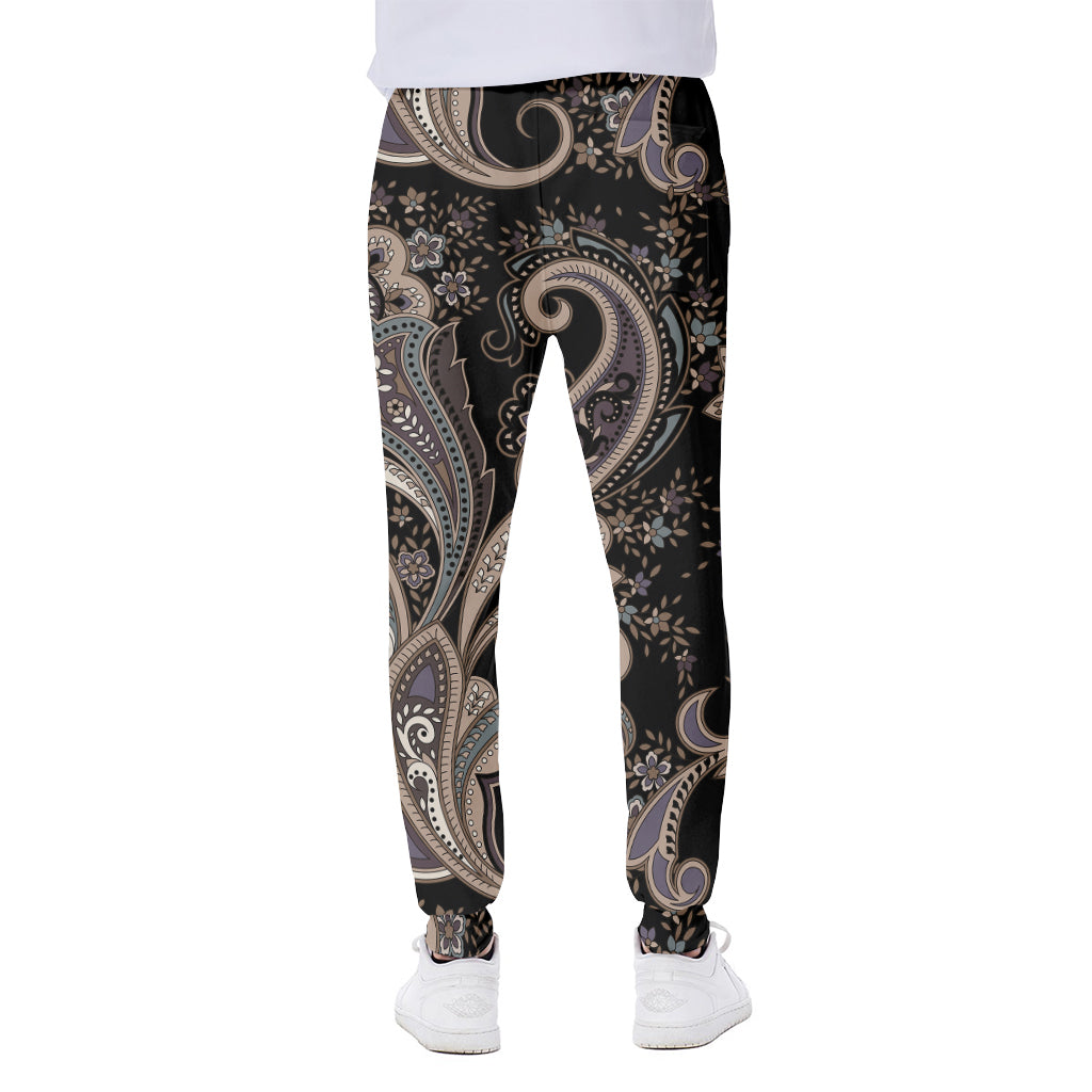 Dark Brown Paisley Pattern Print Scuba Joggers