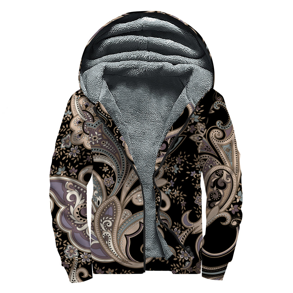 Dark Brown Paisley Pattern Print Sherpa Lined Zip Up Hoodie
