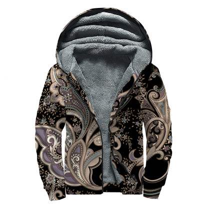 Dark Brown Paisley Pattern Print Sherpa Lined Zip Up Hoodie