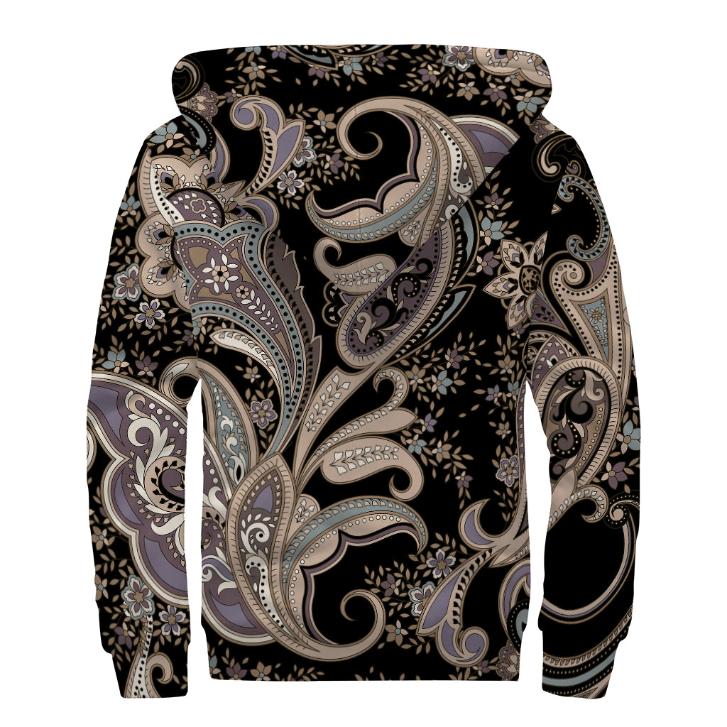 Dark Brown Paisley Pattern Print Sherpa Lined Zip Up Hoodie