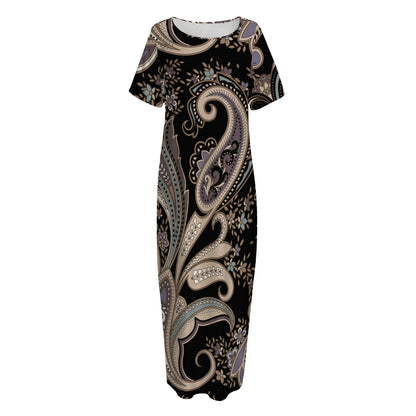 Dark Brown Paisley Pattern Print Short Sleeve Long Nightdress
