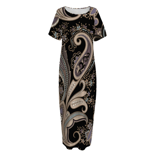 Dark Brown Paisley Pattern Print Short Sleeve Long Nightdress
