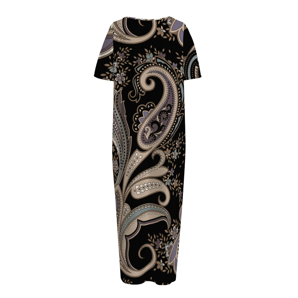 Dark Brown Paisley Pattern Print Short Sleeve Long Nightdress