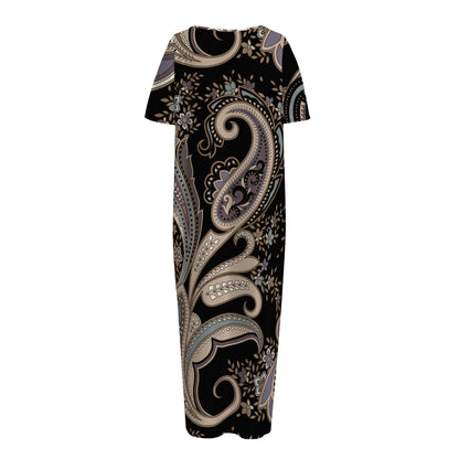 Dark Brown Paisley Pattern Print Short Sleeve Long Nightdress