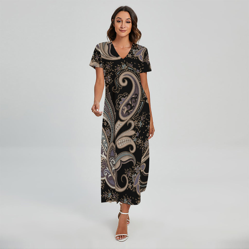 Dark Brown Paisley Pattern Print Short Sleeve Maxi Dress