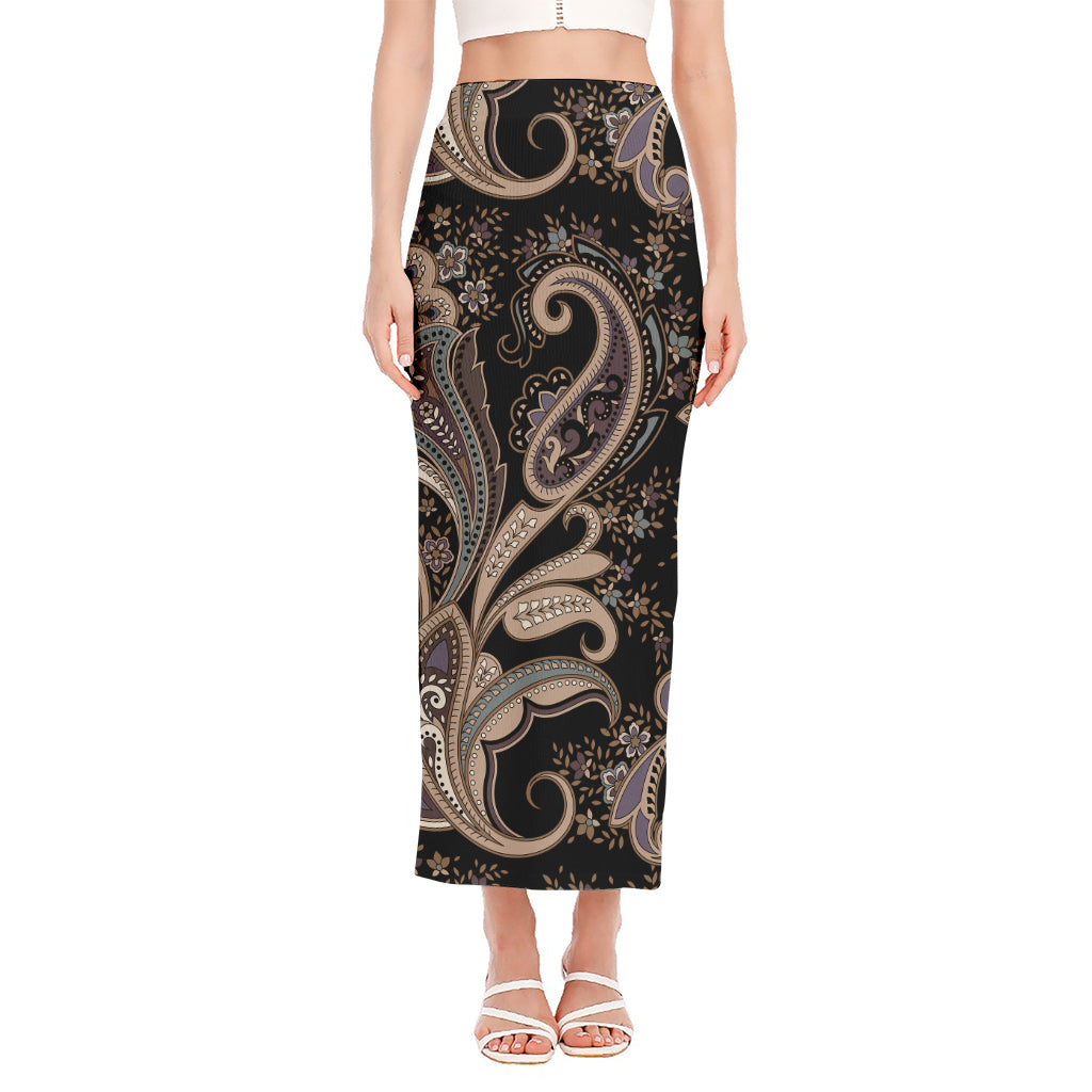 Dark Brown Paisley Pattern Print Side Slit Maxi Skirt
