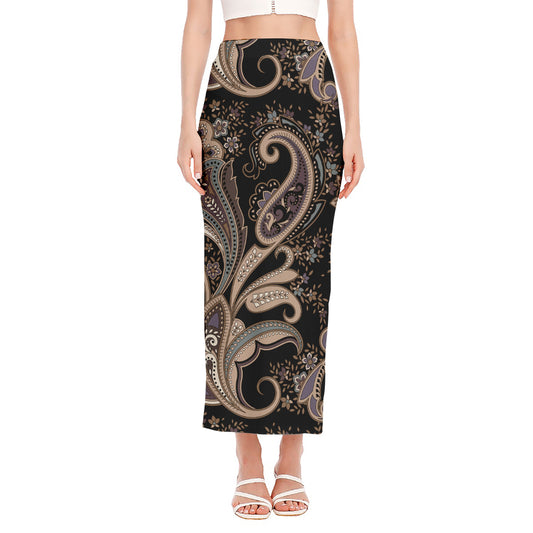 Dark Brown Paisley Pattern Print Side Slit Maxi Skirt