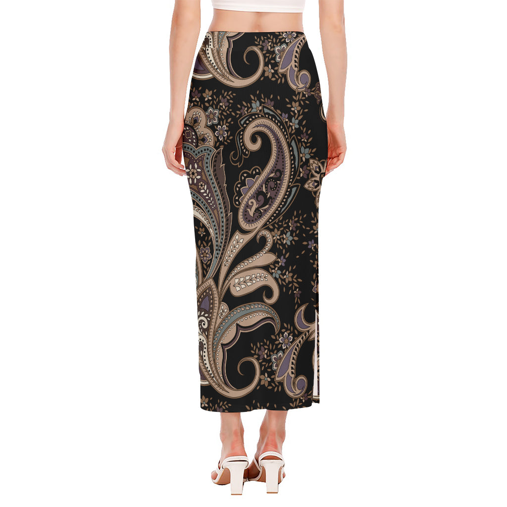 Dark Brown Paisley Pattern Print Side Slit Maxi Skirt